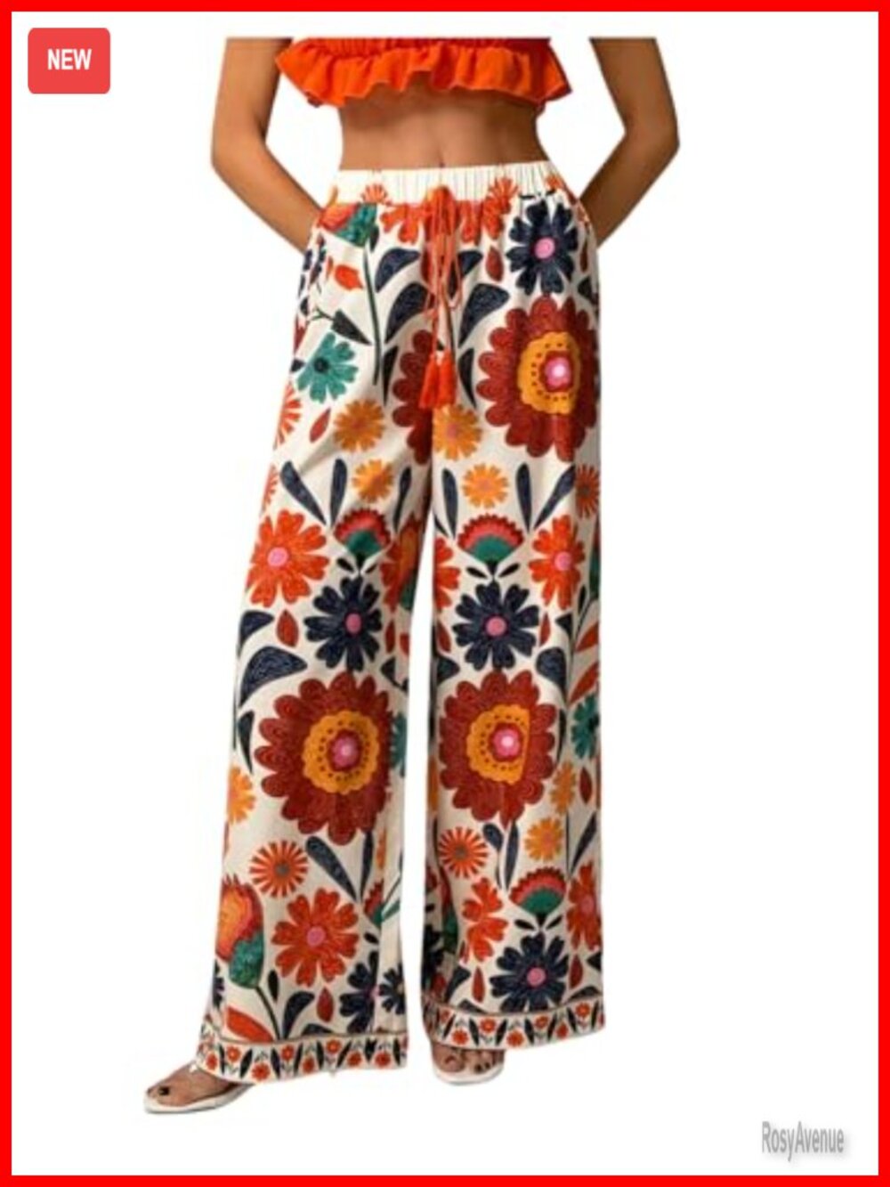 Womens Boho Floral Wide Leg Drawstring Pants Trousers